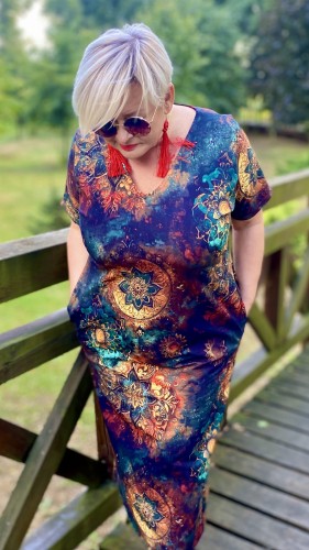 Sukienka 38/40 MIDI elastyczna, elegancka, całoroczna, biust 110/112 cm, tkanina DRESÓWKA, 95%  bawełny, naturalna, wygodna, na duży biust,  z kieszeniami, ZŁOTA MANDALA