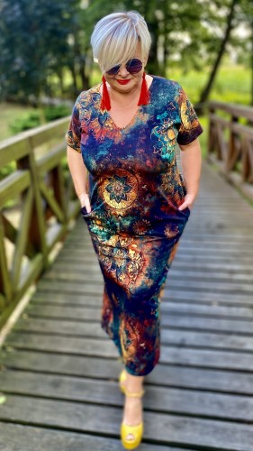 Sukienka 38/40 MIDI elastyczna, elegancka, całoroczna, biust 110/112 cm, tkanina DRESÓWKA, 95%  bawełny, naturalna, wygodna, na duży biust,  z kieszeniami, ZŁOTA MANDALA