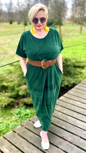 Sukienka 50/52, biust  124/126 cm, całoroczna, elastyczna, bawełniana, naturalna, na duży biust, welur, z kieszeniami,  LEŚNA ZIELEŃ