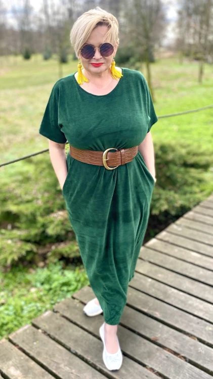 Sukienka 54/56, biust  128/130 cm, całoroczna, elastyczna, bawełniana, naturalna, na duży biust, welur, z kieszeniami,  LEŚNA ZIELEŃ