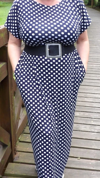 Sukienka40/42 bawełniana dzianina elastyczna, naturalna , na duży biust, BIAŁE GROCHY, GRANATOWA