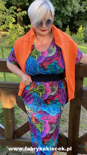 Sukienka 46/48 biust 118/120 cm, naturalna, na duży biust, plus size, wygodna, z elastycznej bawełny, fioletowa, różowa, KOLOROWE FALE