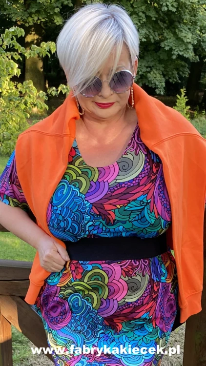 Sukienka 46/48 biust 118/120 cm, naturalna, na duży biust, plus size, wygodna, z elastycznej bawełny, fioletowa, różowa, KOLOROWE FALE